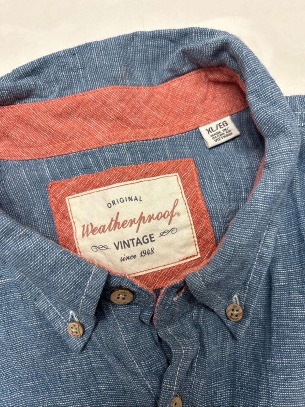 Weatherproof Men’s Blue Linen Button-Down Shirt with Coral Trim size XL